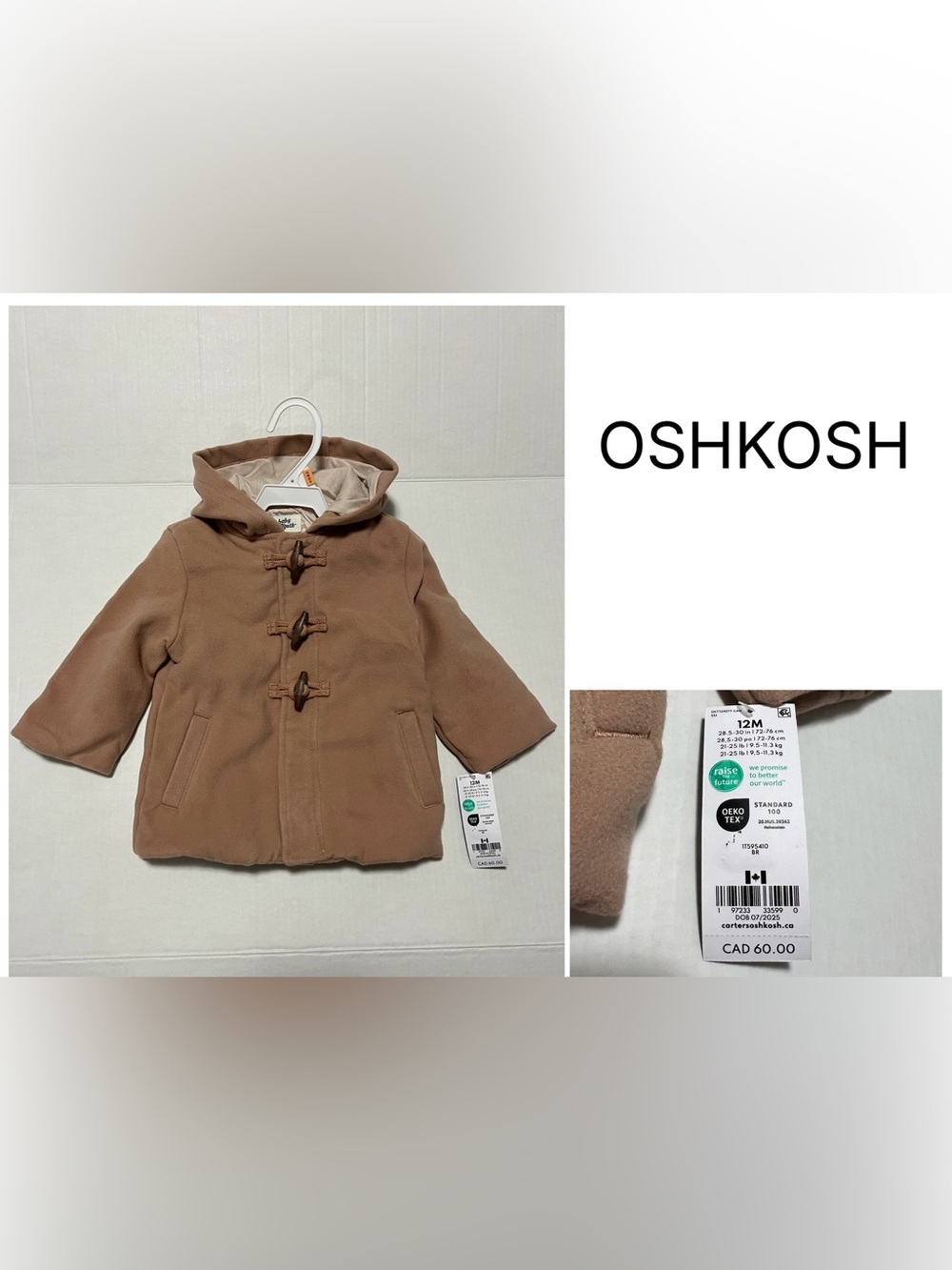 OSHKOSH - 12M - NWT - INFANT BROWN HOODED FASHION TOGGLE JACKET / COAT